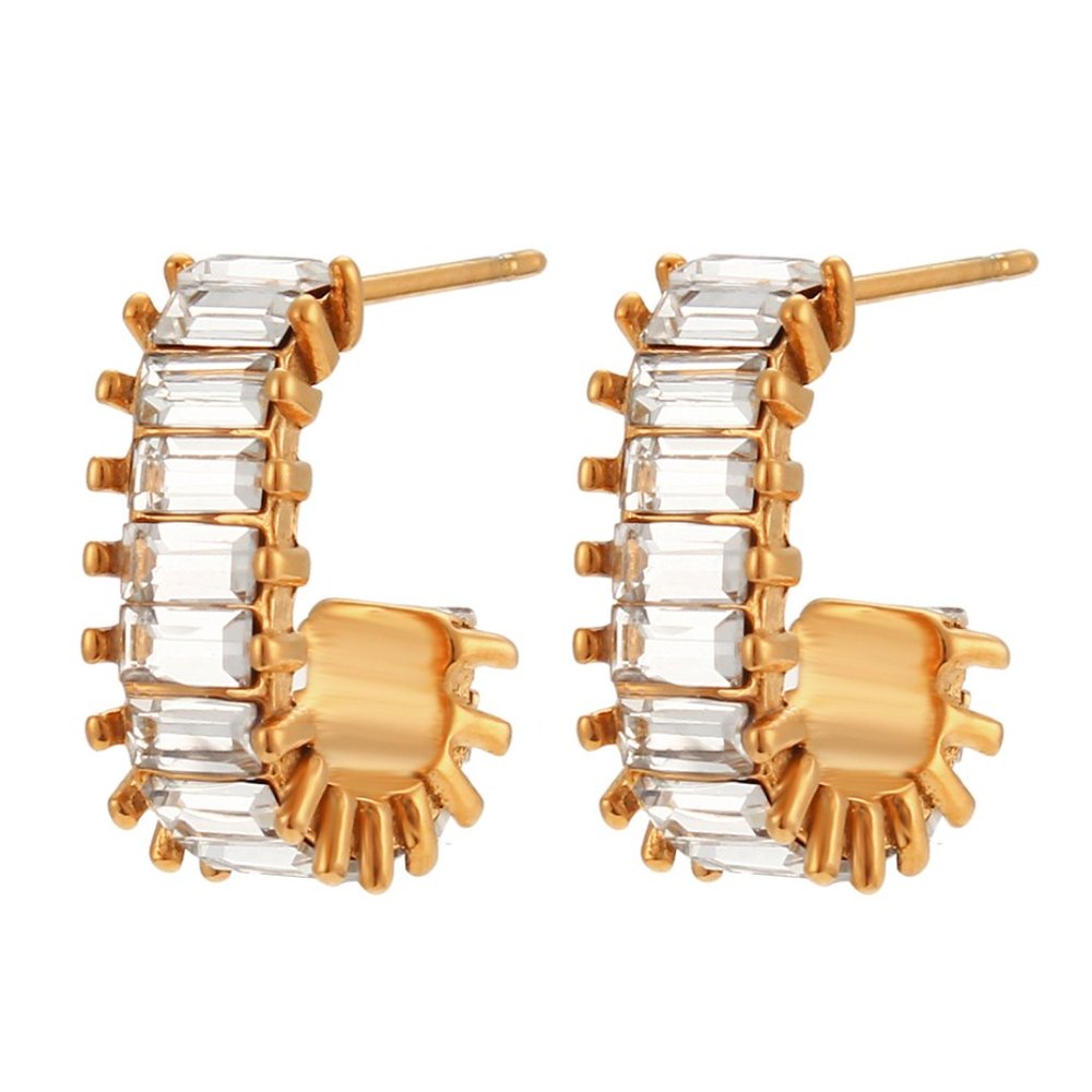 Small Sparkly Zircon J shape Chunky Hoop Earring 18K Gold Plated Stainless Steel